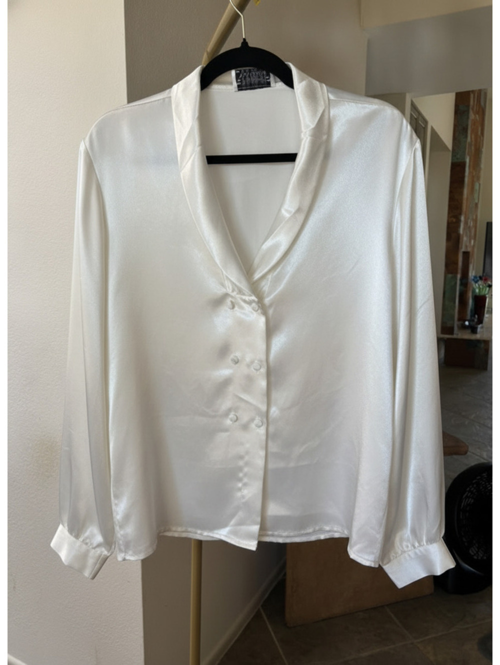 Vintage Charlotte VanHorne Cream Satin Double Breasted Blouse XL